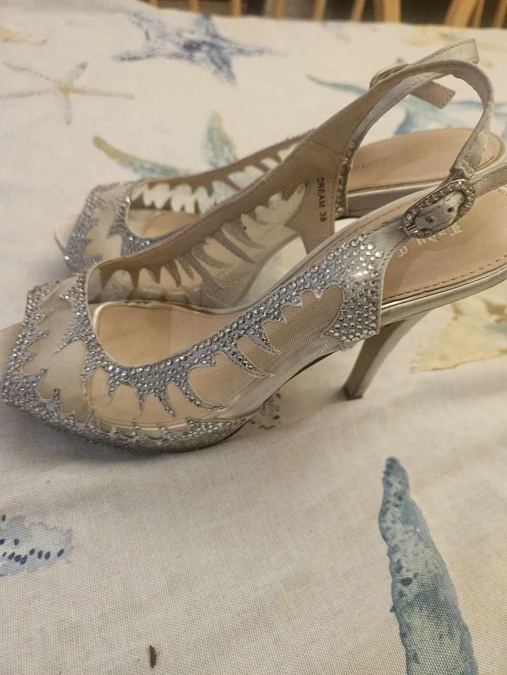 Nude Mesh Heels with Silver Crystal Trim. Very Good Condition.